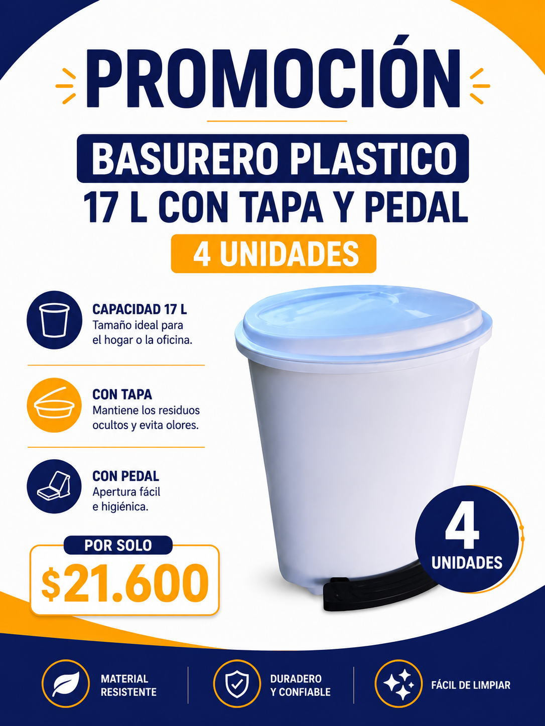 Basurero plástico 17L con tapa y pedal 4 unidades