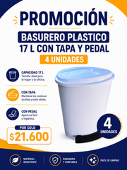Basurero plástico 17L con tapa y pedal 4 unidades