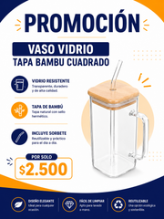 Vaso vidrio tapa bambú cuadrado