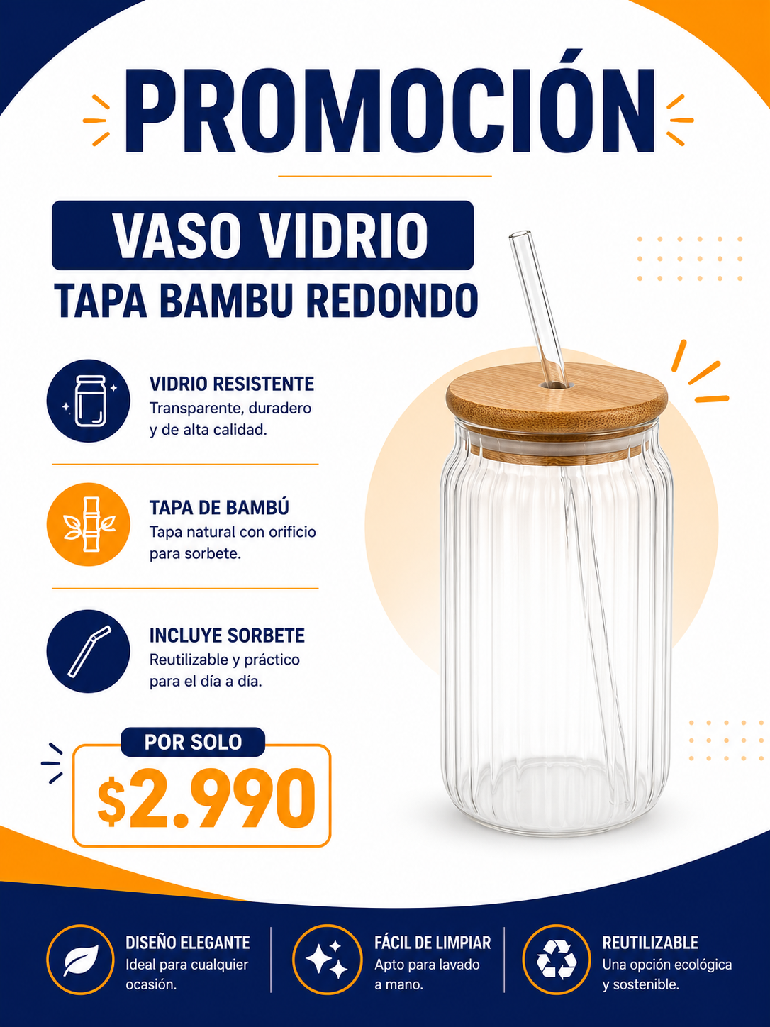 Vaso vidrio tapa bambú redondo