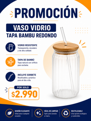 Vaso vidrio tapa bambú redondo