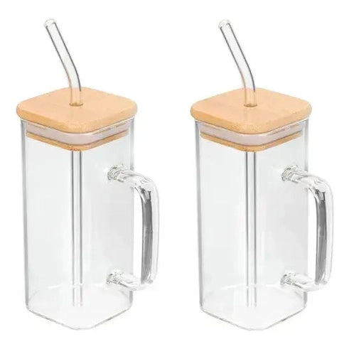 Vaso Vidrio Con Tapa Bambu cuadrado 